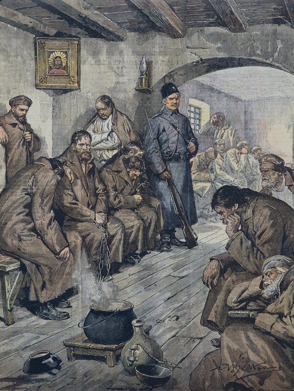 BELTRAME, Aşil (1871-1945). Rus mahkumlar, tüberküloz arkadaşlarının özgürlüğü için açlık grevinde. Çizim A. Beltrame, Corriere