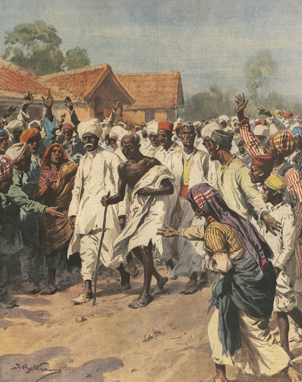 Gandhi ve Celalpur tuzlağına giden seksen şehidin kapak resmi, illüstrasyon by Achille Beltrame