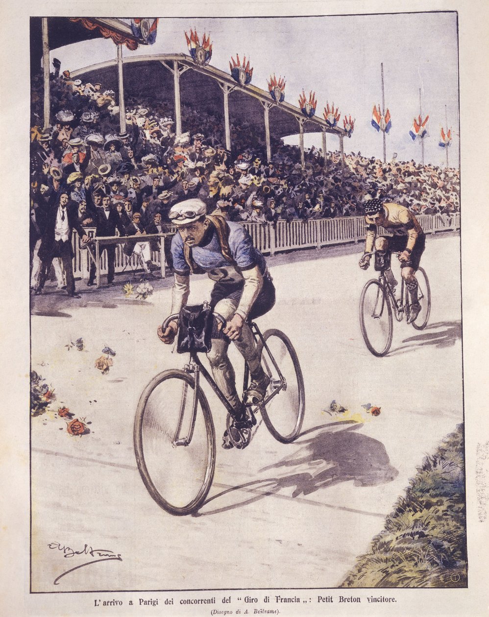Petit-Breton kazananı ile Tour de France sürücülerinin varışının kapak resmi; Paris, Fransa by Achille Beltrame