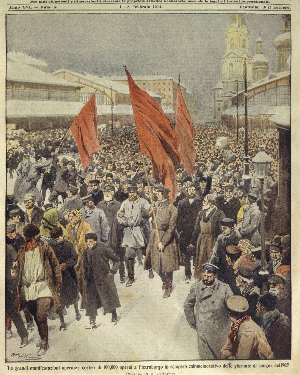 1905 Kanlı Pazar gününü anmak için yürüyen yüz bin işçinin kapak resmi; Petersburg, Rusya by Achille Beltrame