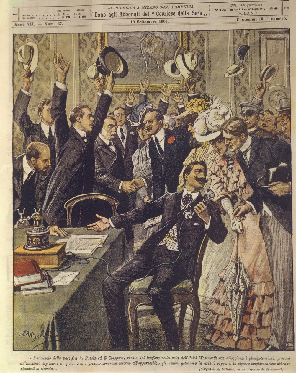 1904-1905 Rus-Japon Savaşı sırasında Rusya ve Japonya arasındaki barış anlaşmasının duyurulmasını kutlayan insanların kapak illüstrasyonu by Achille Beltrame