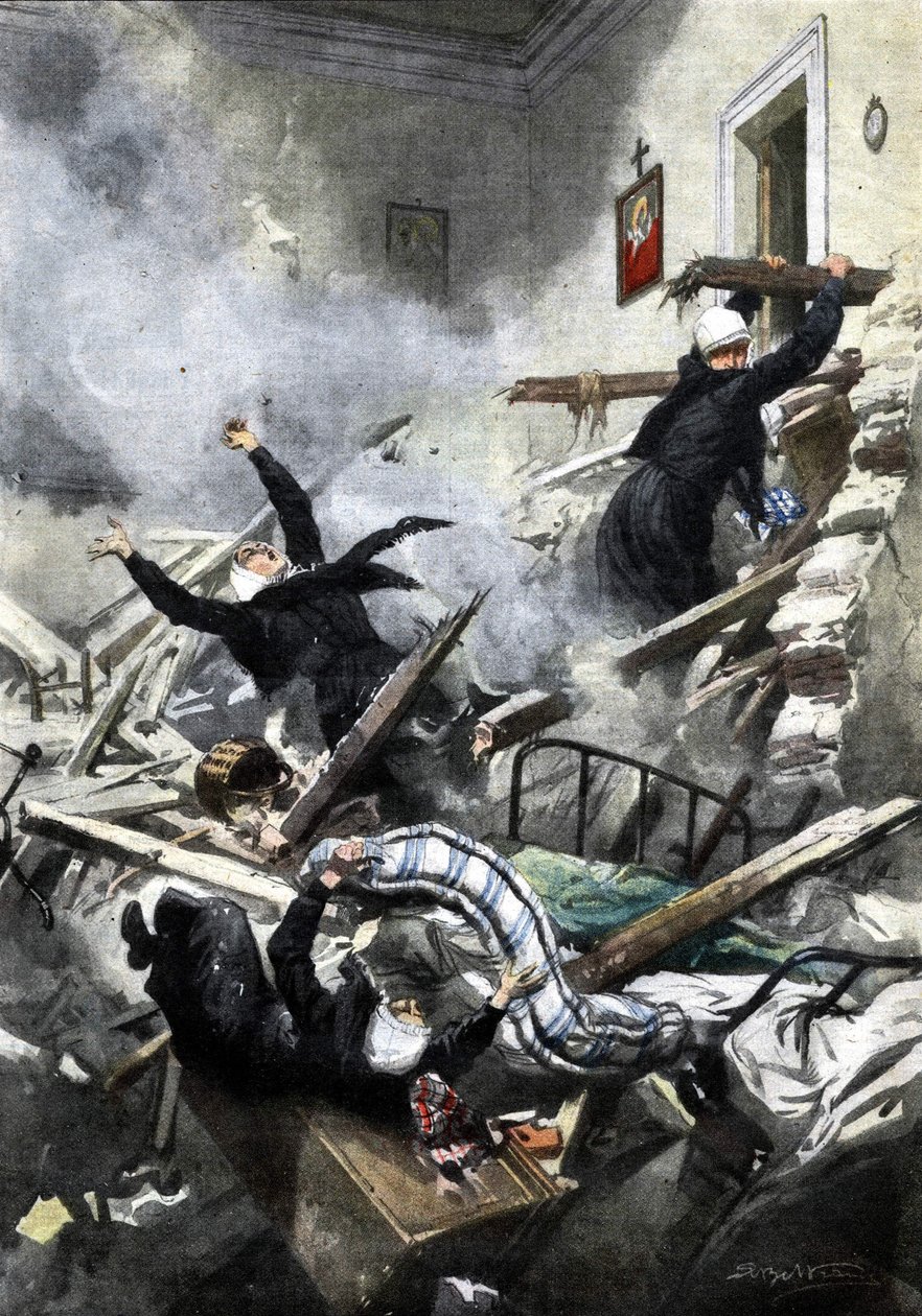 Cenova'da bir binada felaket: iki dairenin çökmesiyle iyi kız kardeşler kayboldu. Hasta de Beltrame. "La Domenica del Corriere". 04/1914. by Achille Beltrame
