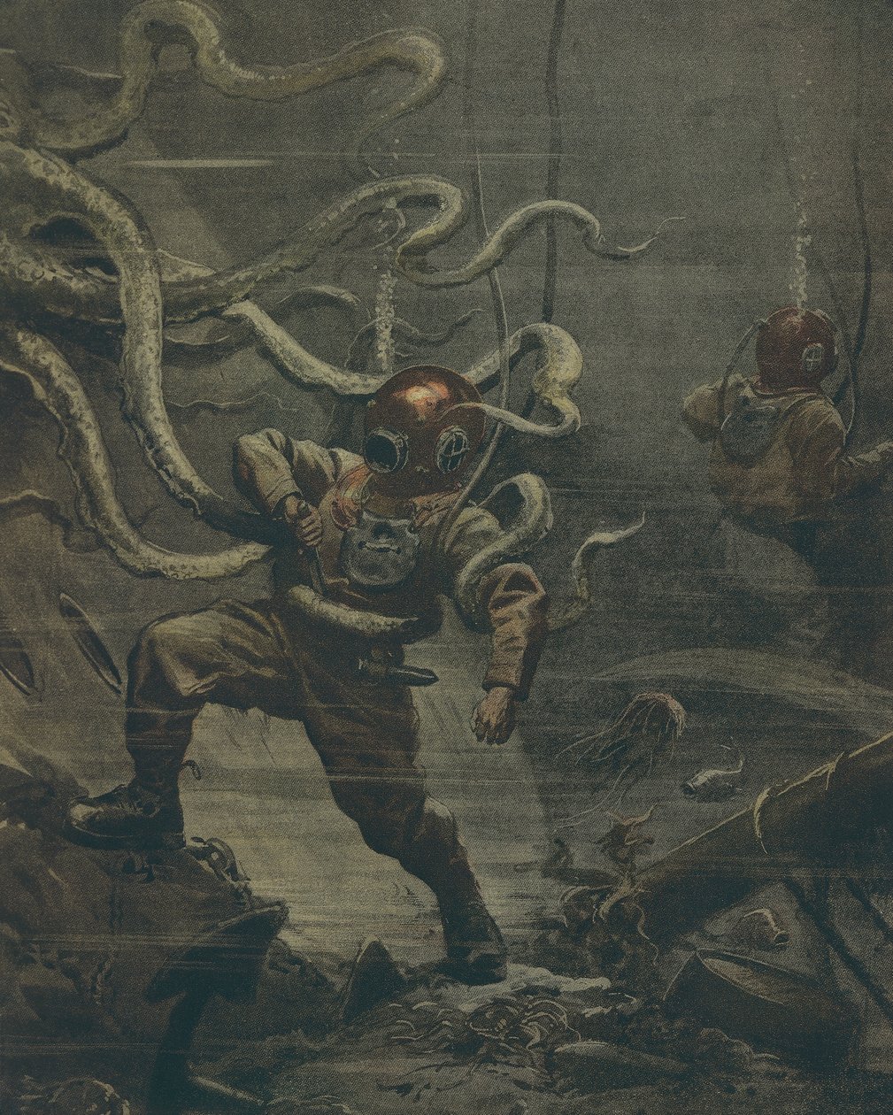 Dalış sırasında dev ahtapot tarafından saldırıya uğrayan dalgıç, Achille Beltrame, illüstrasyon, Illustrator Achille Beltrame (1871-1945), La Domenica del Corriere