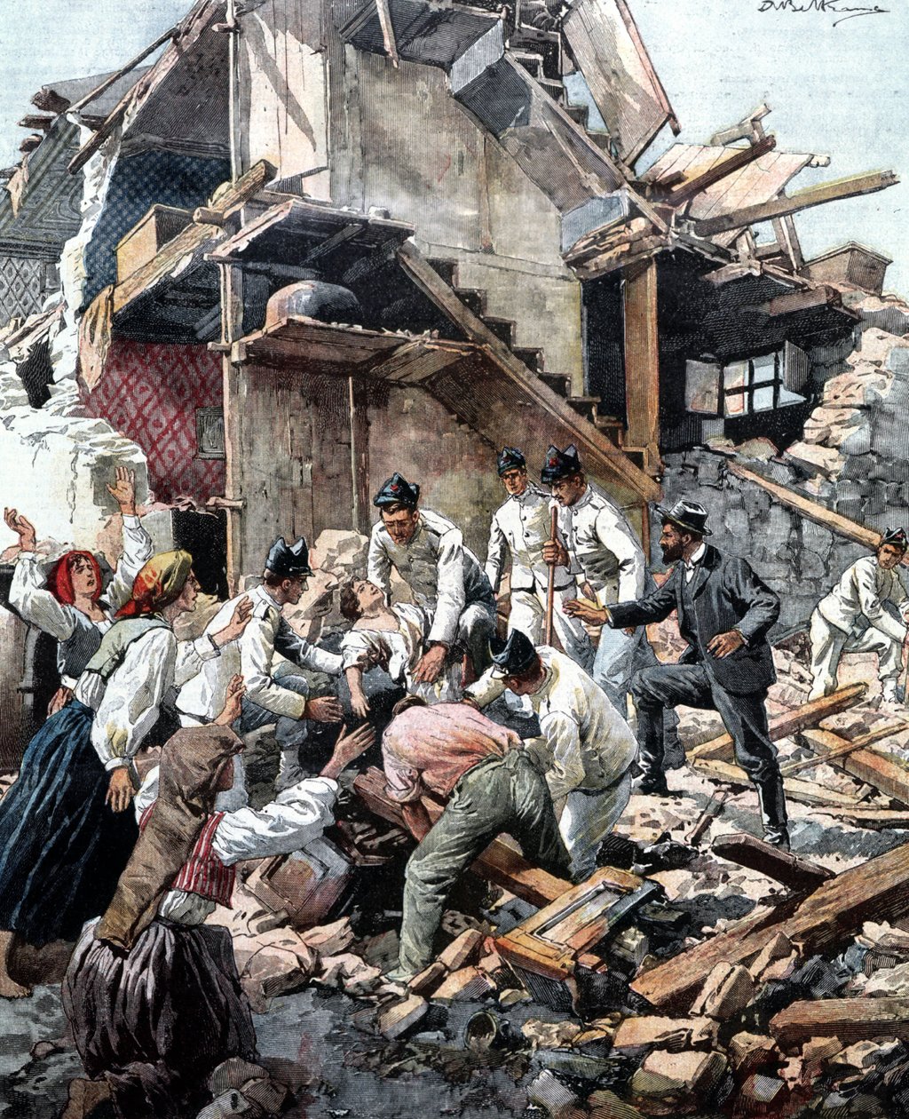 28/12/1908 Reggio (Calabria) Depremi. Askerler enkazda depremzedeleri arıyor. Beltrame