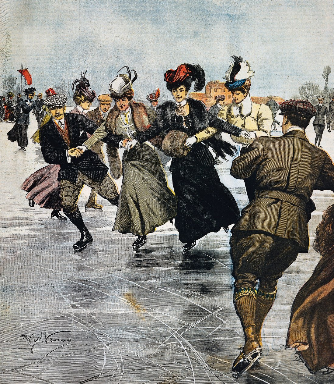En moda eğlenceler, buz pateni, illüstrasyon, Achille Beltrame (1871-1945), La Domenica del Corriere