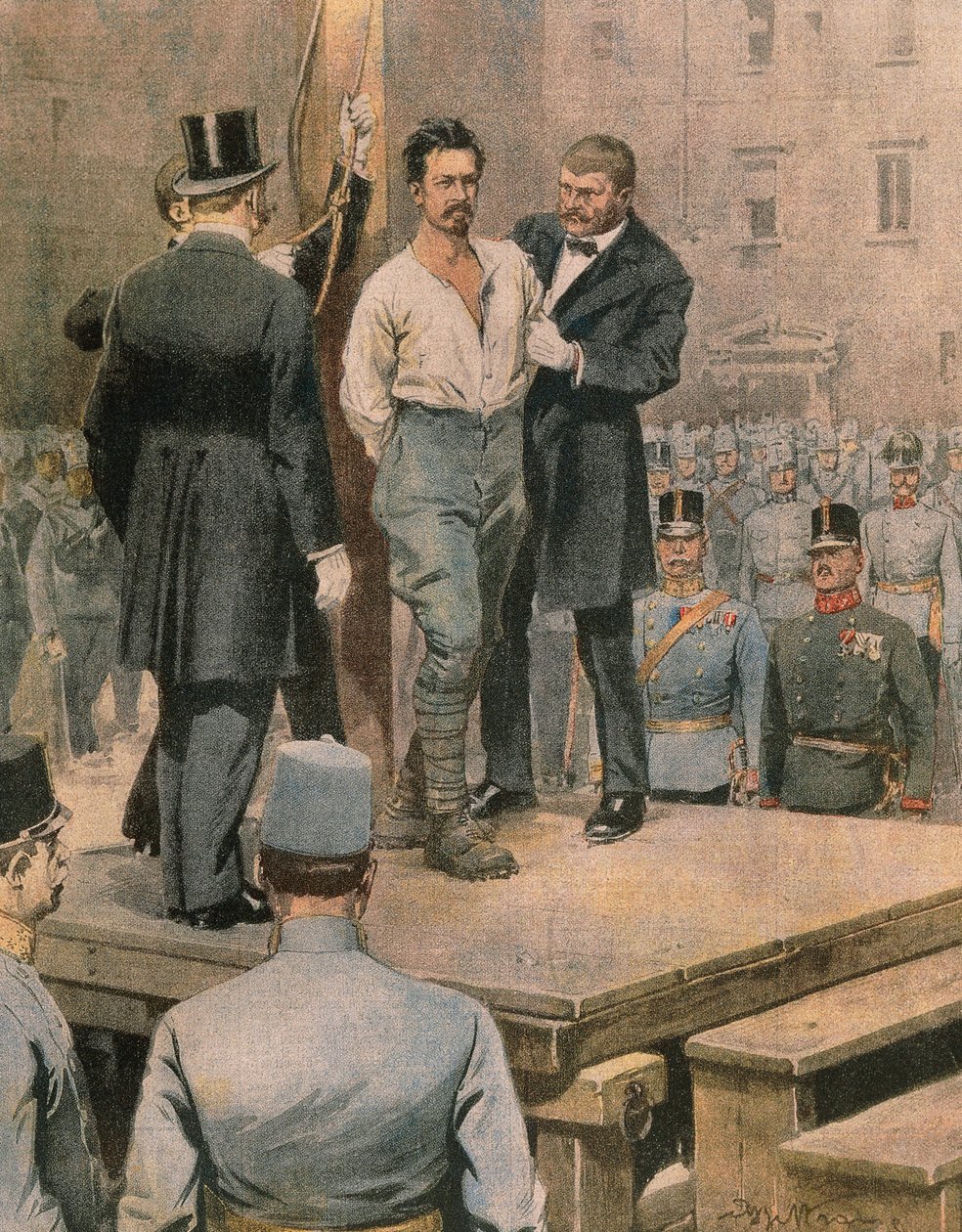 Trento'da Cesare Battisti'nin İnfazı, Achille Beltrame tarafından, illüstrasyon, Illustrator Achille Beltrame (1871-1945), La Domenica del Corriere'den, Temmuz 1916 by Achille Beltrame