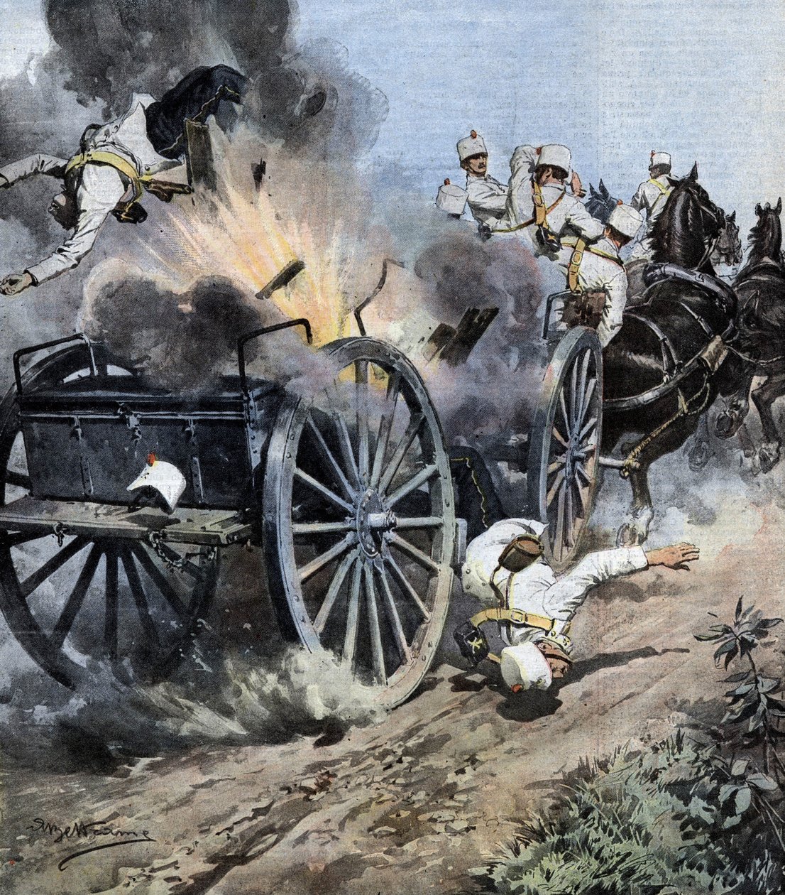 İtalyan Armee'nin 7. Topçu Alayı'nın hareketi sırasında Lucca bölgesindeki Capannori yakınlarında bir topçu sandığının patlaması. Hasta de Beltrame. La Domenica del Corriere. 08/1909. by Achille Beltrame