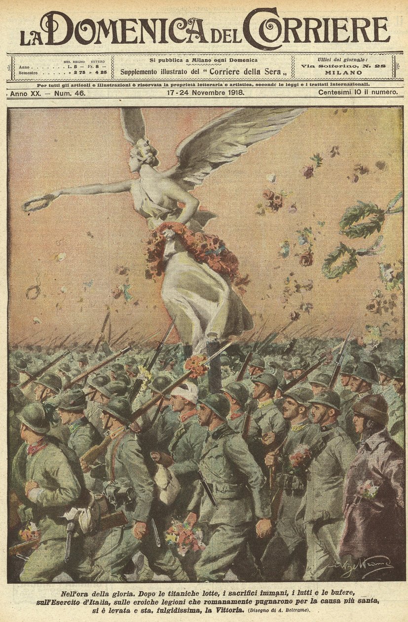 Birinci Dünya Savaşı 1918 - İtalya savaşta. Zafer günü. Zafer saatinde. Devasa bir mücadeleden sonra, muazzam fedakarlıklar, ölümler, fırtınalar, İtalya Ordusu, en kutsal dava için savaşan kahraman Roma lejyonları, Kurbanı kaldırdı. by Achille Beltrame