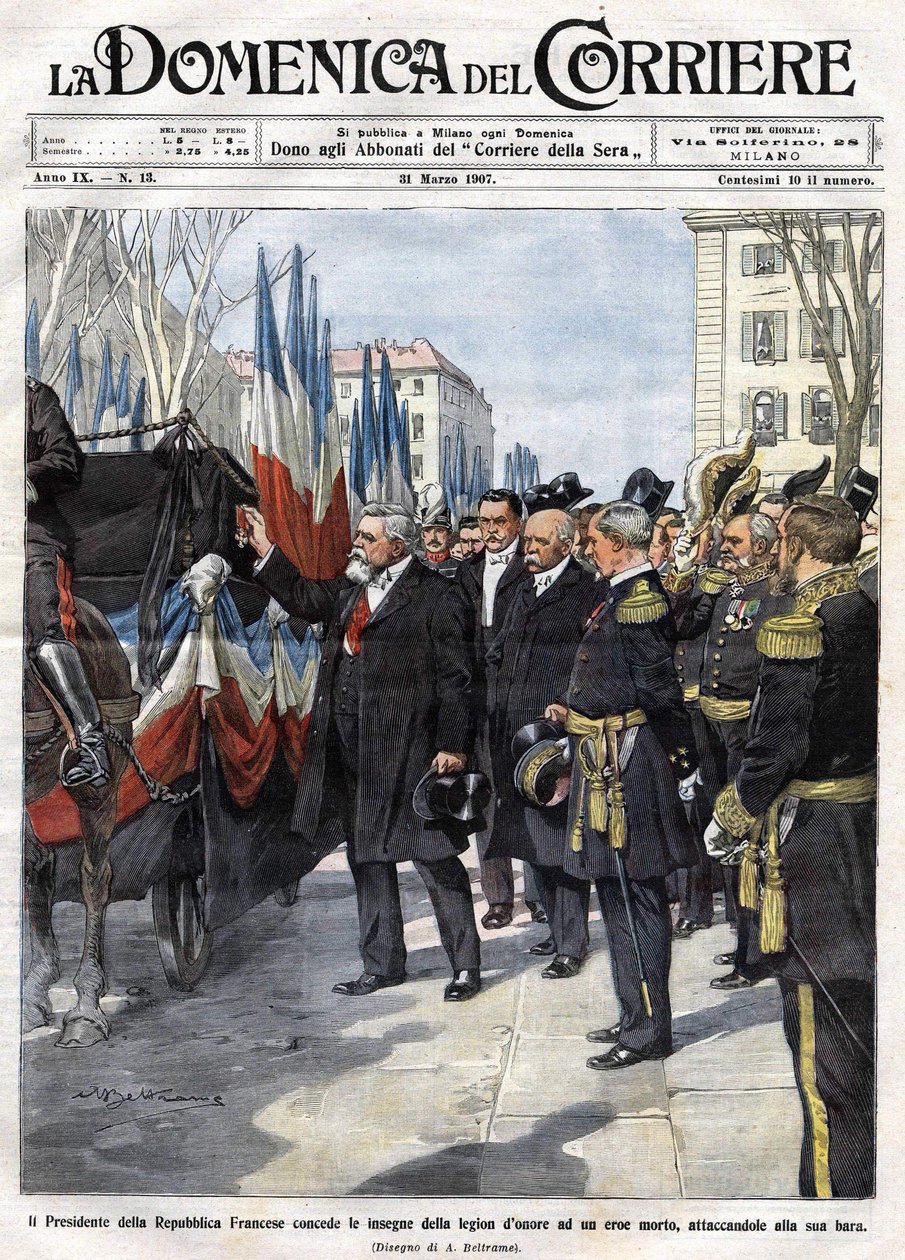 Fransa Cumhurbaşkanı Armand Fallieres (1841 - 1931), savaşta ölen bir kahramana Legion of Honor madalyasını sunar. Hasta de Beltrame. La Domenica del Corriere. 31/03/1907. by Achille Beltrame