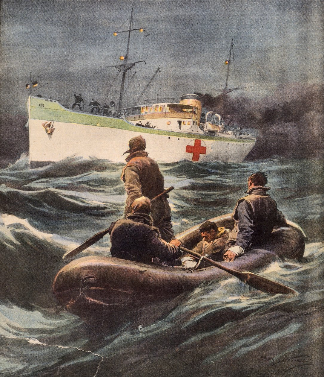 Achille Beltrame (1871-1945) tarafından vurulan dört Alman havacısını kurtaran İtalyan hastane gemisi, La Domenica del Corriere