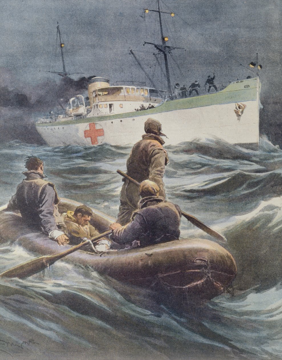 Yaralıları alan İtalyan hastane gemisi, Achille Beltrame tarafından, illüstrasyon, Illustrator Achille Beltrame (1871-1945), La Domenica del Corriere