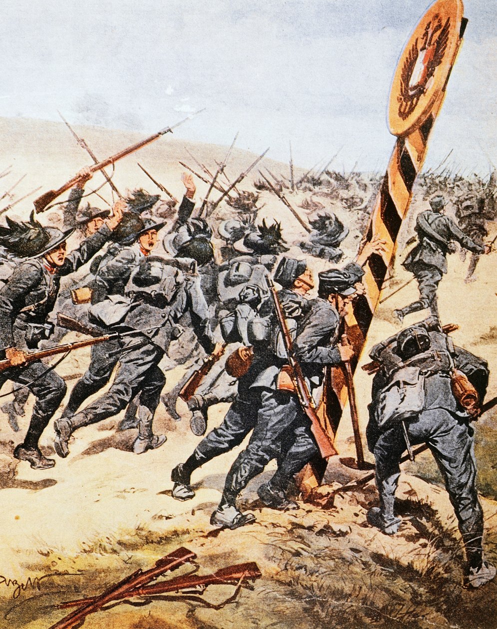 Avusturya sınırını geçen İtalyan askerleri, Achille Beltrame (1871-1945), La Domenica del Corriere