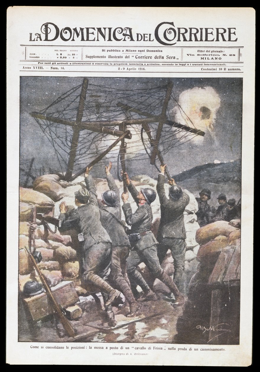 İtalyan askerleri Frizce atını sipere koyuyor, Domenica del Corriere için Achille Beltrame (1871-1945) levhası, 2-9 Nisan 1916, Birinci Dünya Savaşı, İtalya, 20. yüzyıl by Achille Beltrame