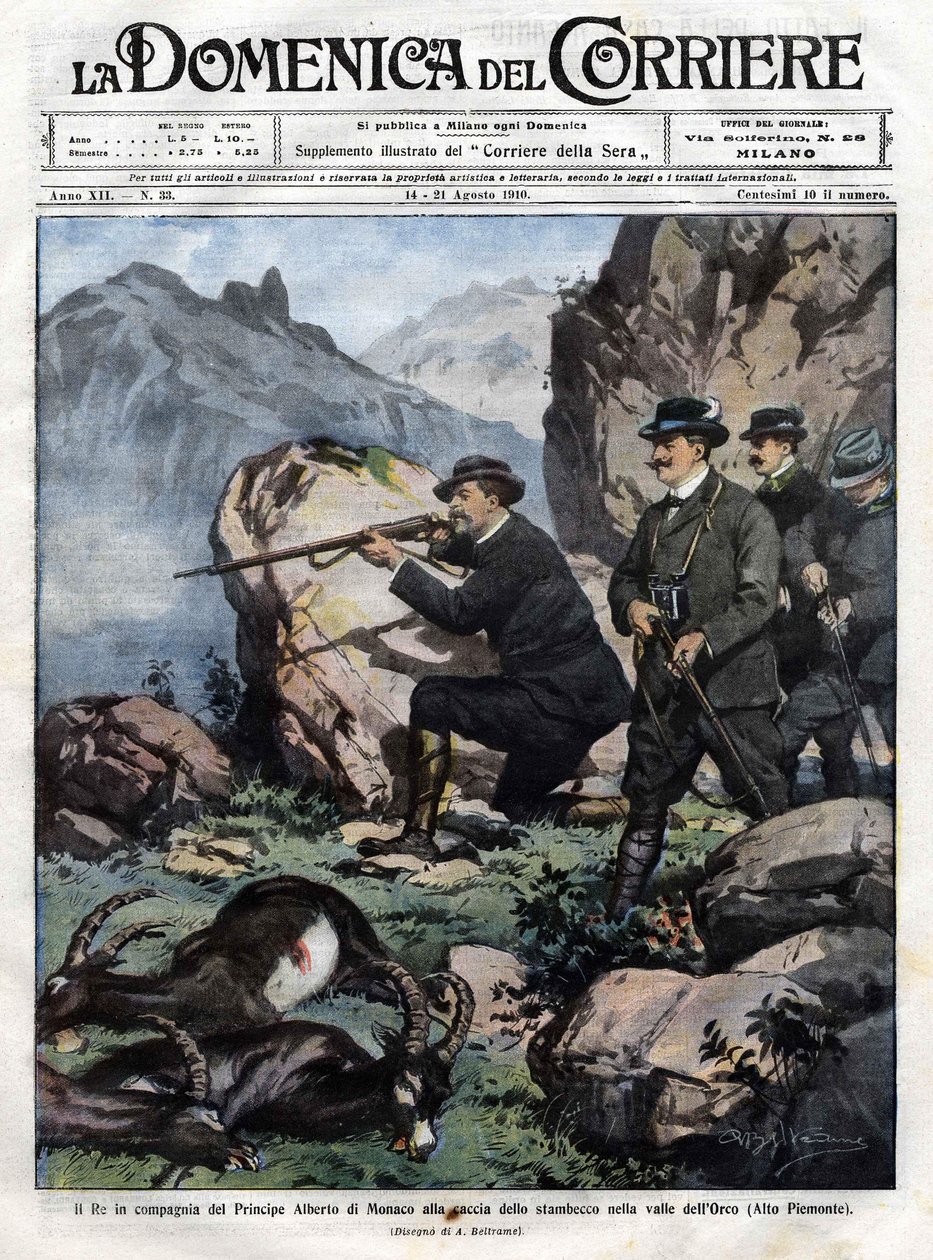 İtalya Kralı Victor Emmanuel III (Victor-Emmanuel) (Vittorio Emanuele), Monako Prensi I. Albert ile dağ keçisi avlıyor. 14 Ağustos 1910 tarihli domenica del corriere
