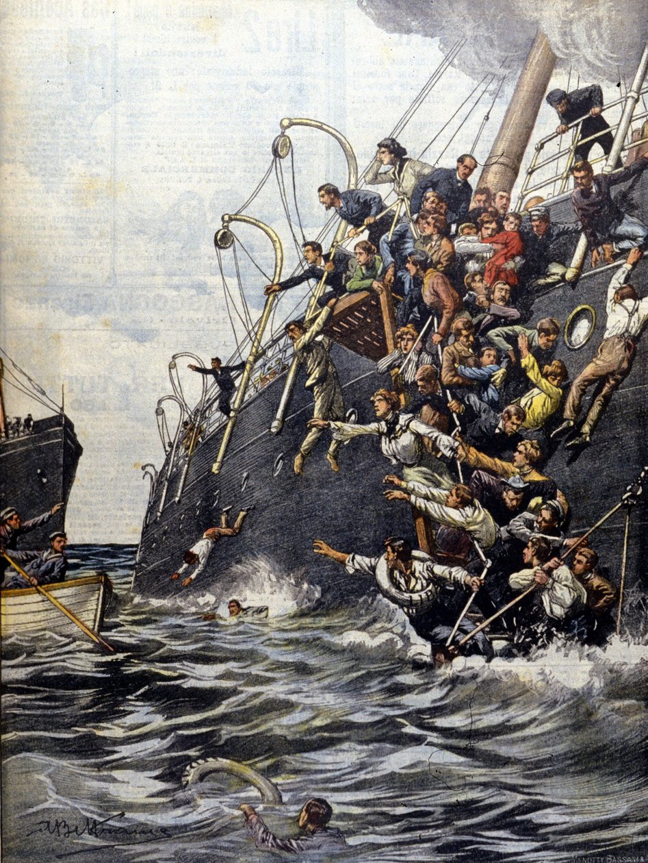 Lübnan'daki facia: Marsilya açıklarında başka bir yolcu gemisiyle çarpışan yolcular kendilerini denize attı. Beltrame çizimi. La Domenica del corriere. 1903. by Achille Beltrame