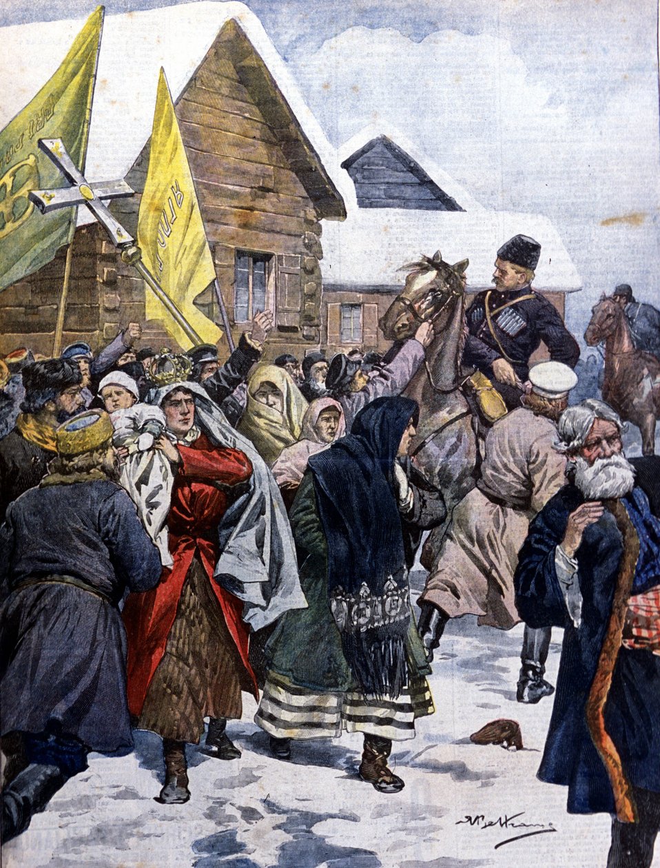Rusya'da batıl inanç: polis, yeni Hıristiyanların mezhebini dağıtmaya çalışıyor. Beltrame çizimi. Domenica del corriere. 1901. by Achille Beltrame