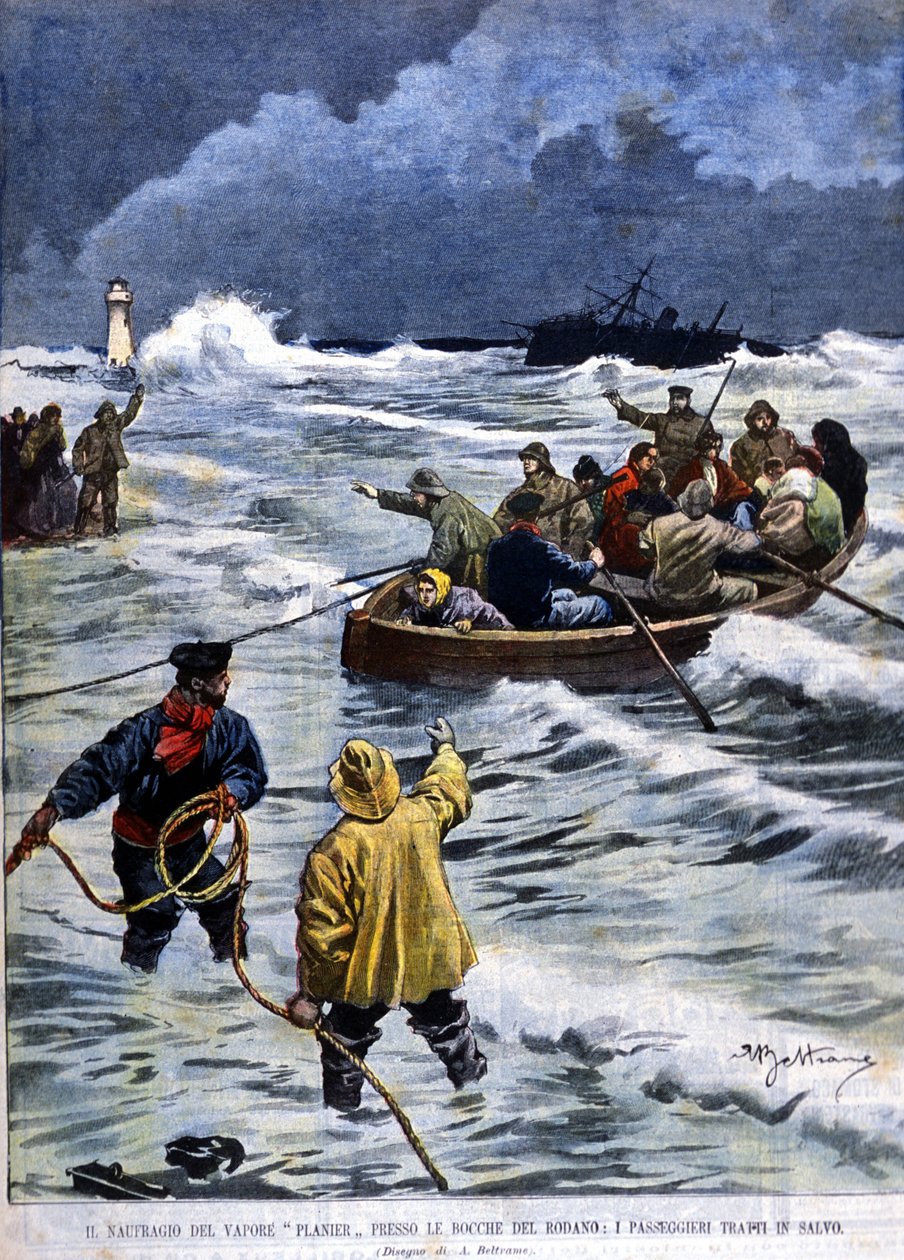 Planier vapurunun Bouches du Rhône yakınlarında batması: acil servisler yolcuları geri getirdi. Beltrame çizimi. Domenica del corriere. 1901. by Achille Beltrame