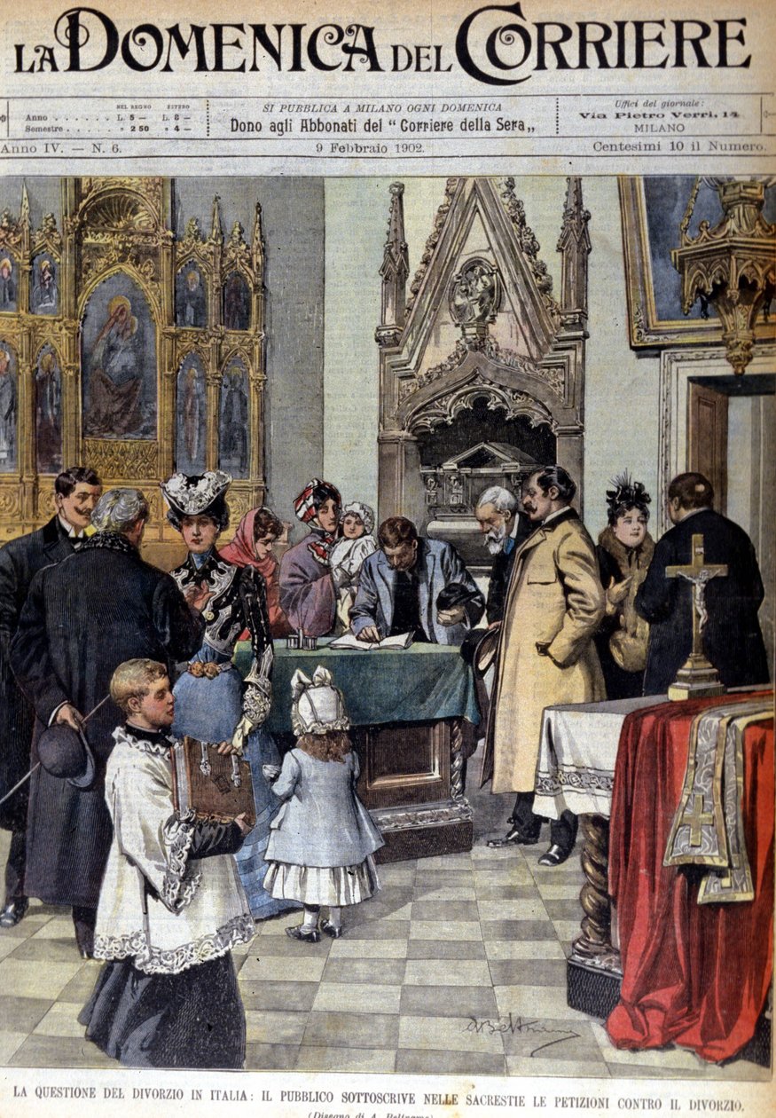 İtalya'da boşanma sorunu: Nüfus, kutsal mekanlarda boşanmaya karşı dilekçeler imzalıyor. Beltrame çizimi. Domenica del corriere. 02/9/1902 by Achille Beltrame