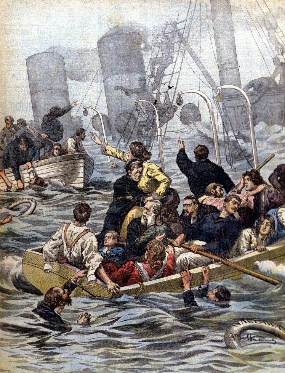 Denizcilik dramaları: Klondike'den altın arayıcılar ile yüklü Wallawalla gemisinin batması. Beltrame çizimi. La Domenica del corriere. 1902 by Achille Beltrame