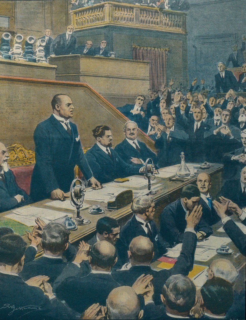 MUSSOLINI, Benito (1883-1945). İtalyan faşist politikacı, İtalya'nın dükü (lideri) (1925-1943). Mussolini, dört Batılı güç arasında varılan ittifakı Senato'ya duyurdu. Achille Beltrame (1871-1945), La Domenica del Corriere'den, 7 Haziran by Achille Beltrame