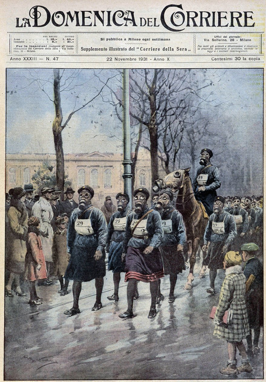 Mart, 22/11/1931 tarihli “” la Domenica del Corriere” de A. Beltrame tarafından çizilen, gaz maskelerinin kullanımı konusunda halkı eğitmek için Varşova
