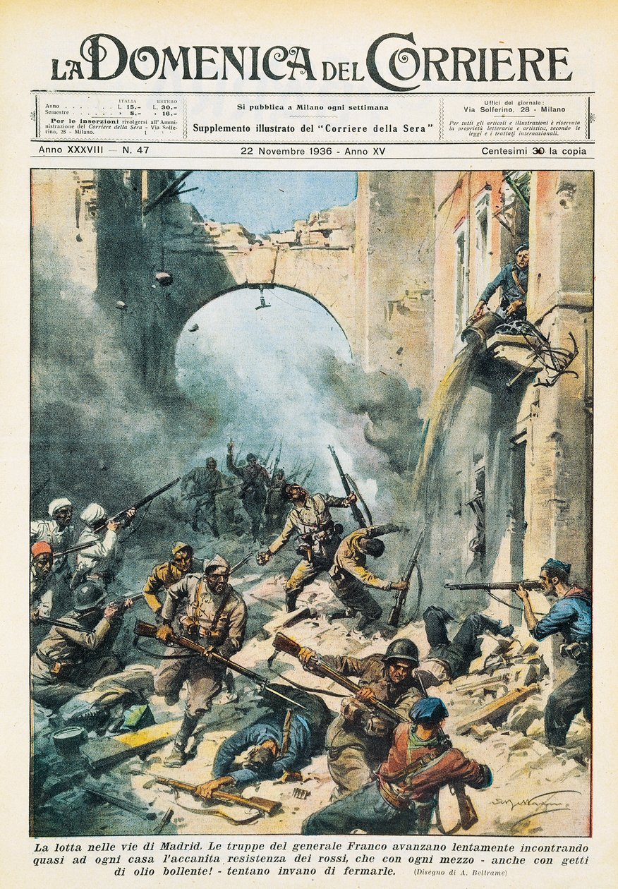İspanya İç Savaşı sırasında Madrid sokaklarında yakın dövüş, Achille Beltrame (1871-1945), La Domenica del Corriere