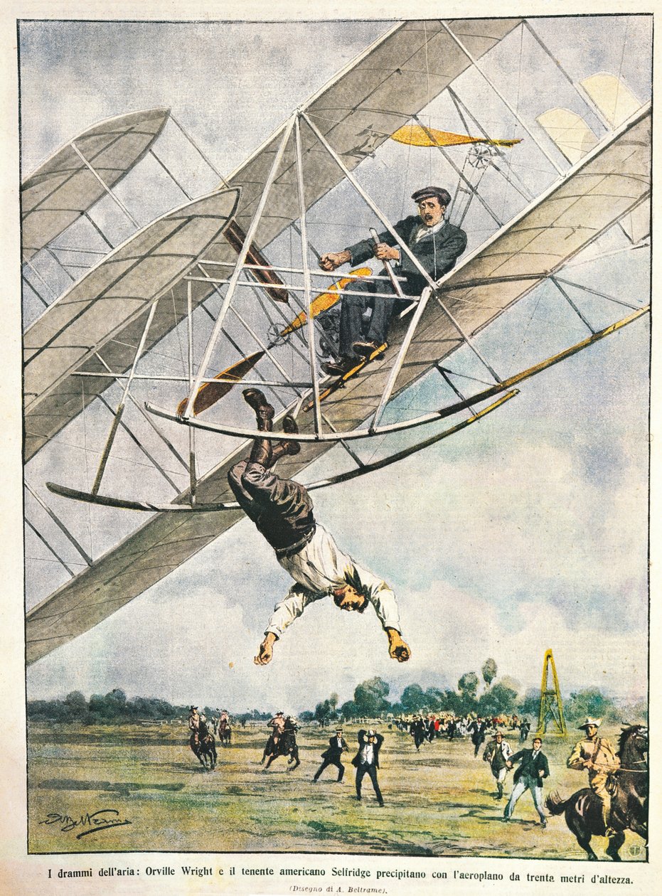 Orville Wright ve Teğmen Seliridge çift kanatlı uçakla otuz metreden dalıyor, Amerika Birleşik Devletleri, çizim La Domenica del Corriere
