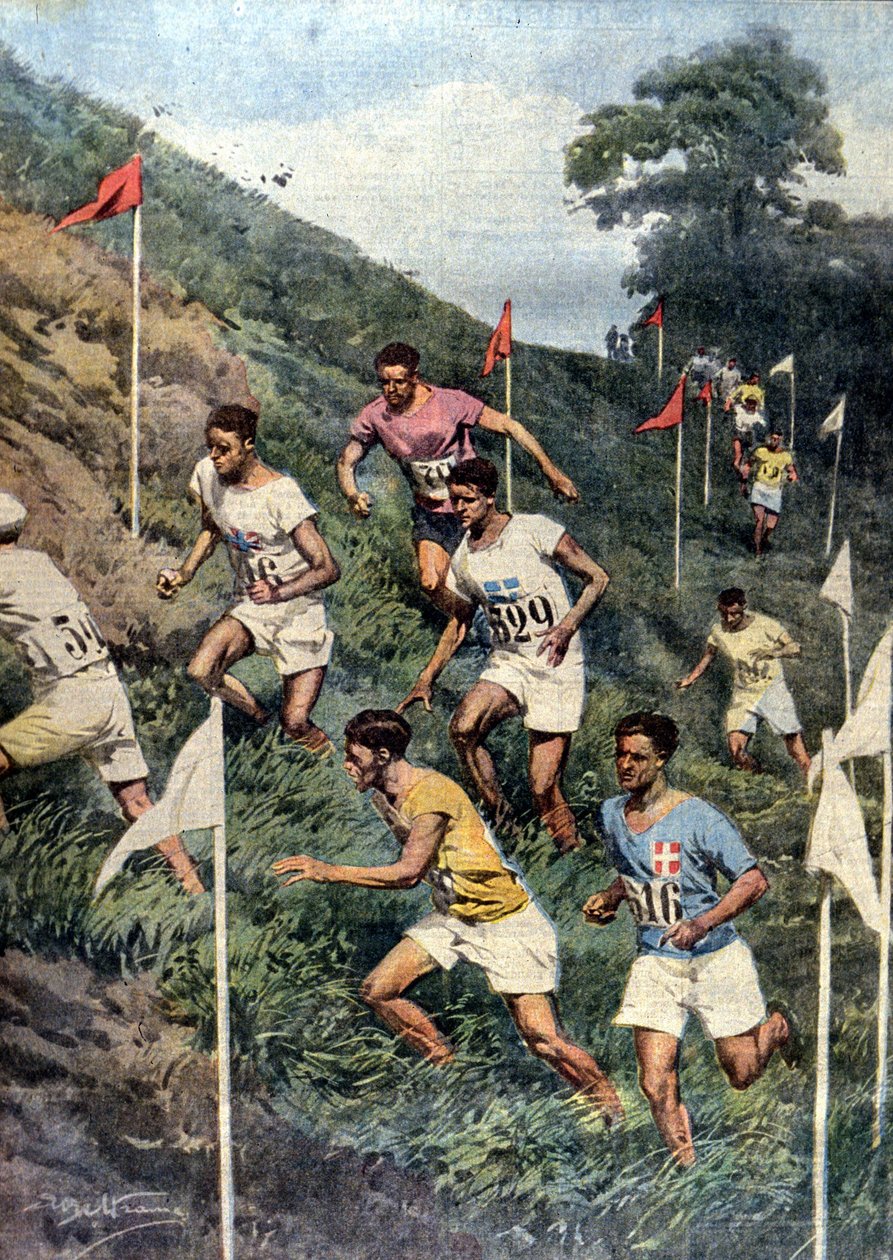 Paris Olimpiyat Oyunları: doğal engellerle koşmak: kros. Hasta de Beltrame. La Domenica del Corriere by Achille Beltrame
