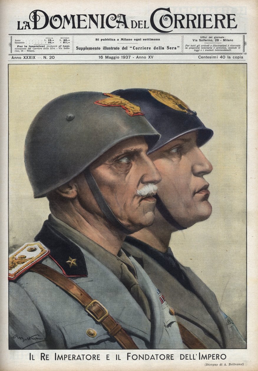 Kral Vittorio Emanuele (Victor Emmanuel) III ve Roma imparatorları yolunda imparatorluğun kurucusu Duce Benito Mussolini