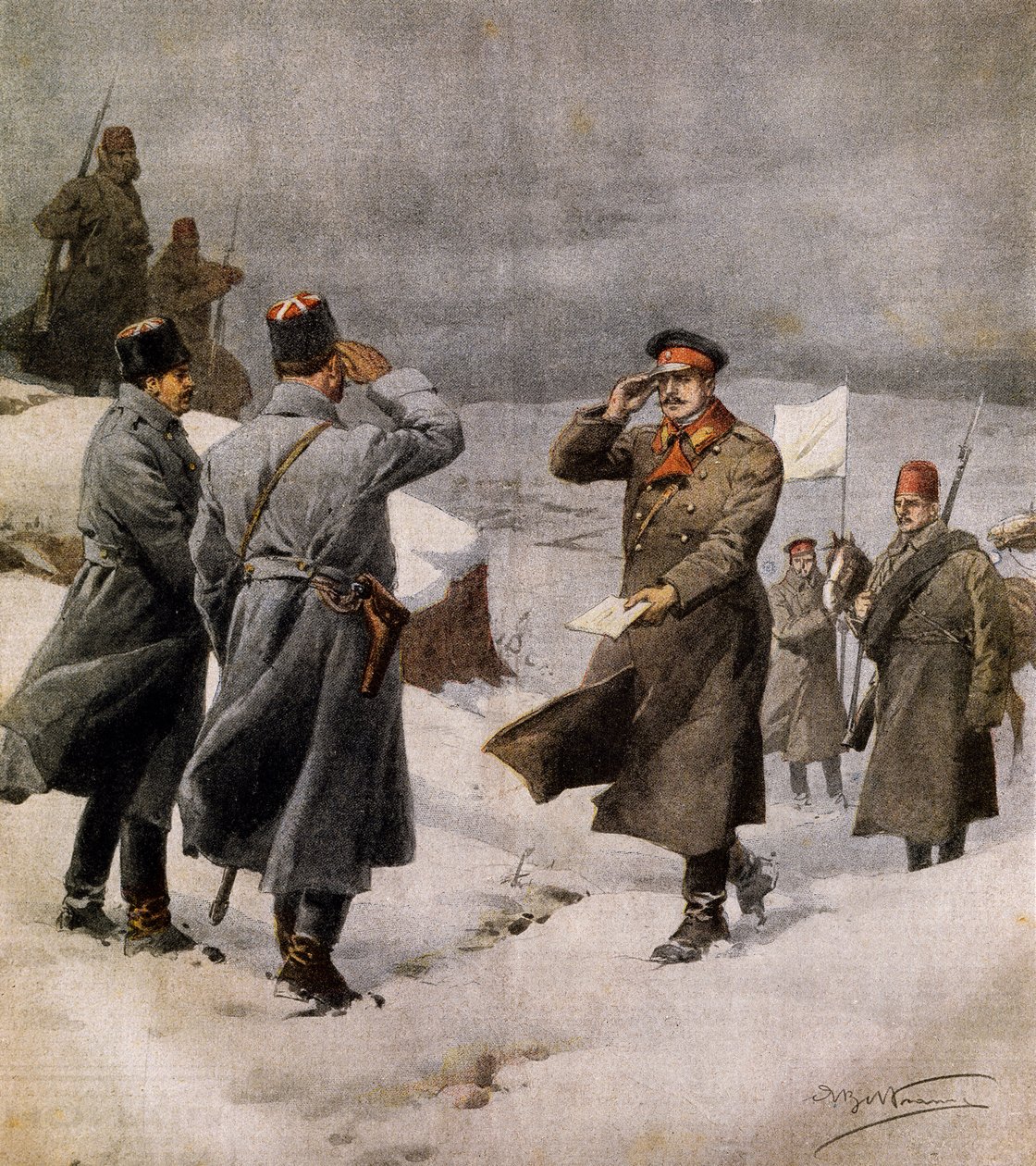 Savaşın yeniden başlaması, Bulgar kampına gelen Türk parlamenter Ateşkesin sona erdiğini bildiren bir mesaj taşıyor, Achille Beltrame (1871-1945), La Domenica del Corriere