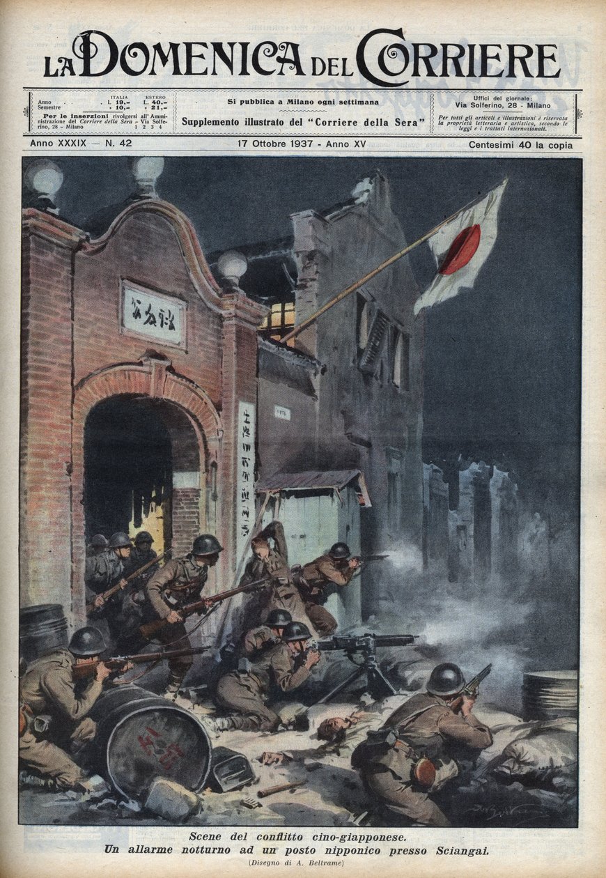 İkinci Çin-Japon Savaşı (1937-1945): Şanghay yakınlarında çatışmalar. 17/10/1937 tarihli “La Domenica del Corriere” den Achille Beltrame tarafından yapılan çizim. by Achille Beltrame