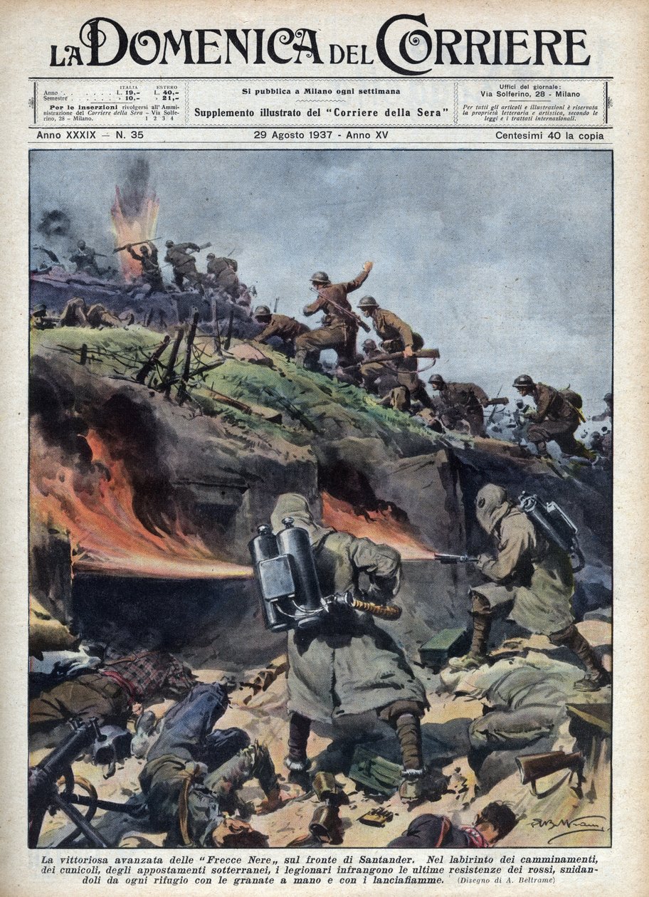 İspanya İç Savaşı: Santander cephesindeki “Frecce nere” tugaylarının ilerisi. 29/08/1937 tarihli “La domenica del corriere”den Achille Beltrame tarafından yapılan çizim. by Achille Beltrame