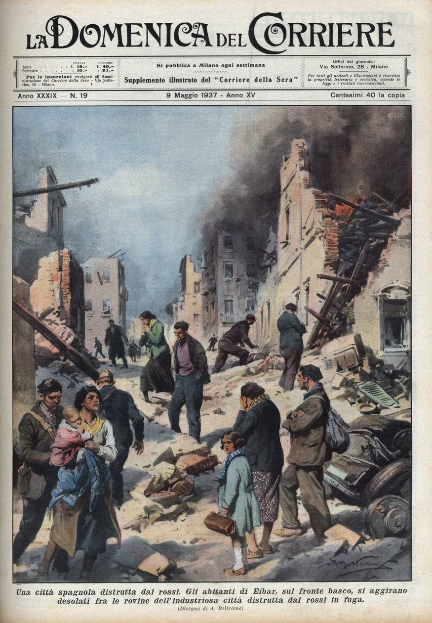 İspanya İç Savaşı: Kızıllar tarafından harap edilen Bask ülkesindeki Eibar şehrinin kalıntılarının görünümü. 09/05/1937 tarihli “La domenica del Corriere”deki Achille Beltrame çizimi. by Achille Beltrame