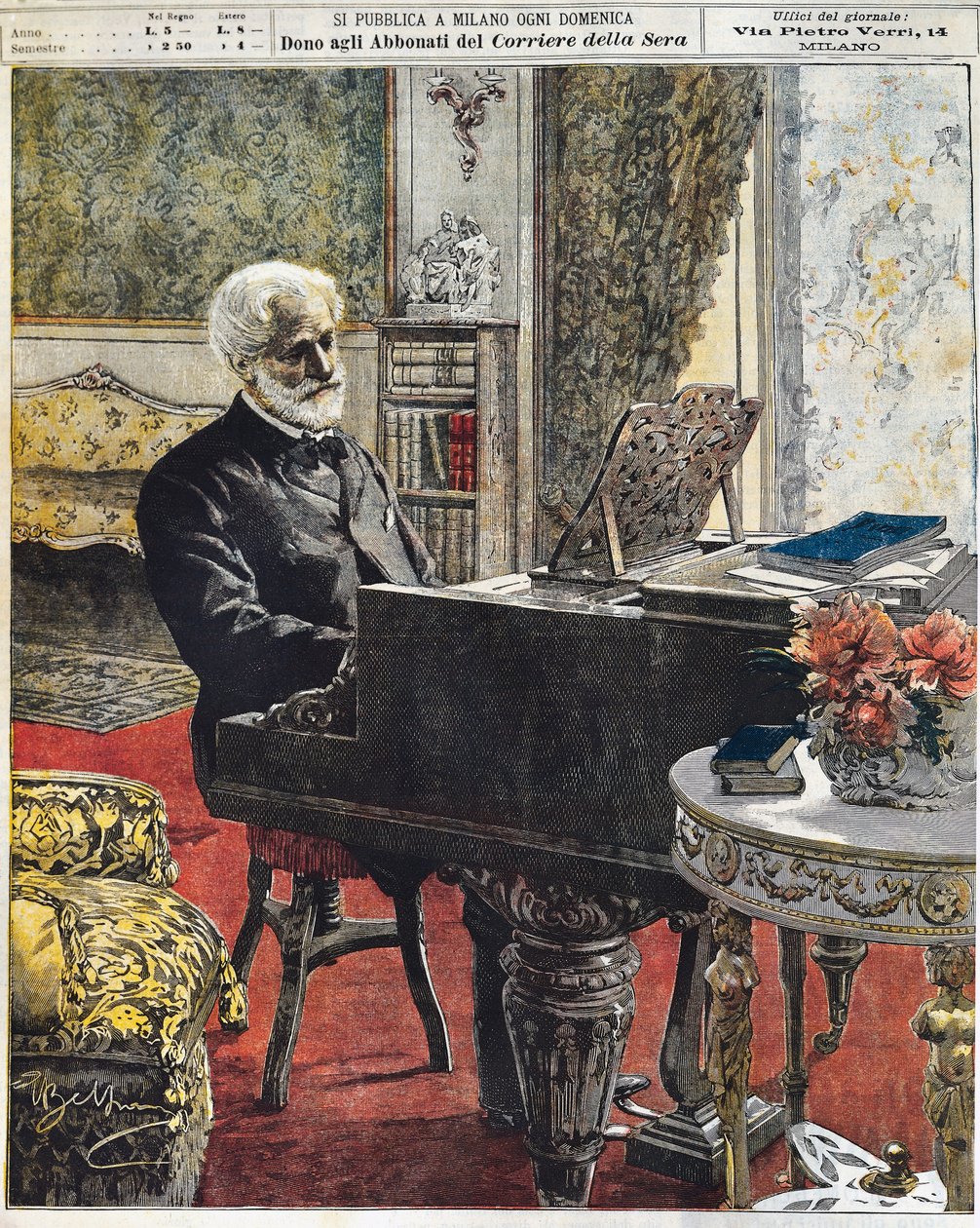 İtalyan besteci Giuseppe Verdi çalışma odasında, levha Achille Beltrame (1871-1945), La Domenica del Corriere, 8 Ekim by Achille Beltrame