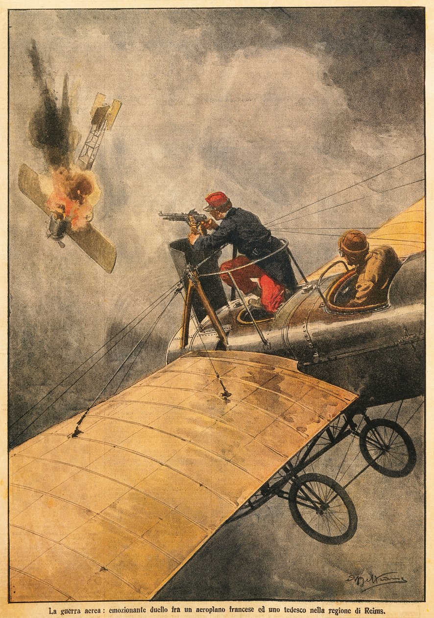 Havadaki Savaş: Fransız uçağı ile Alman uçağı arasındaki düello, Reims üzerinde gökyüzünde, Achille Beltrame (1871-1945), La Domenica del Corriere