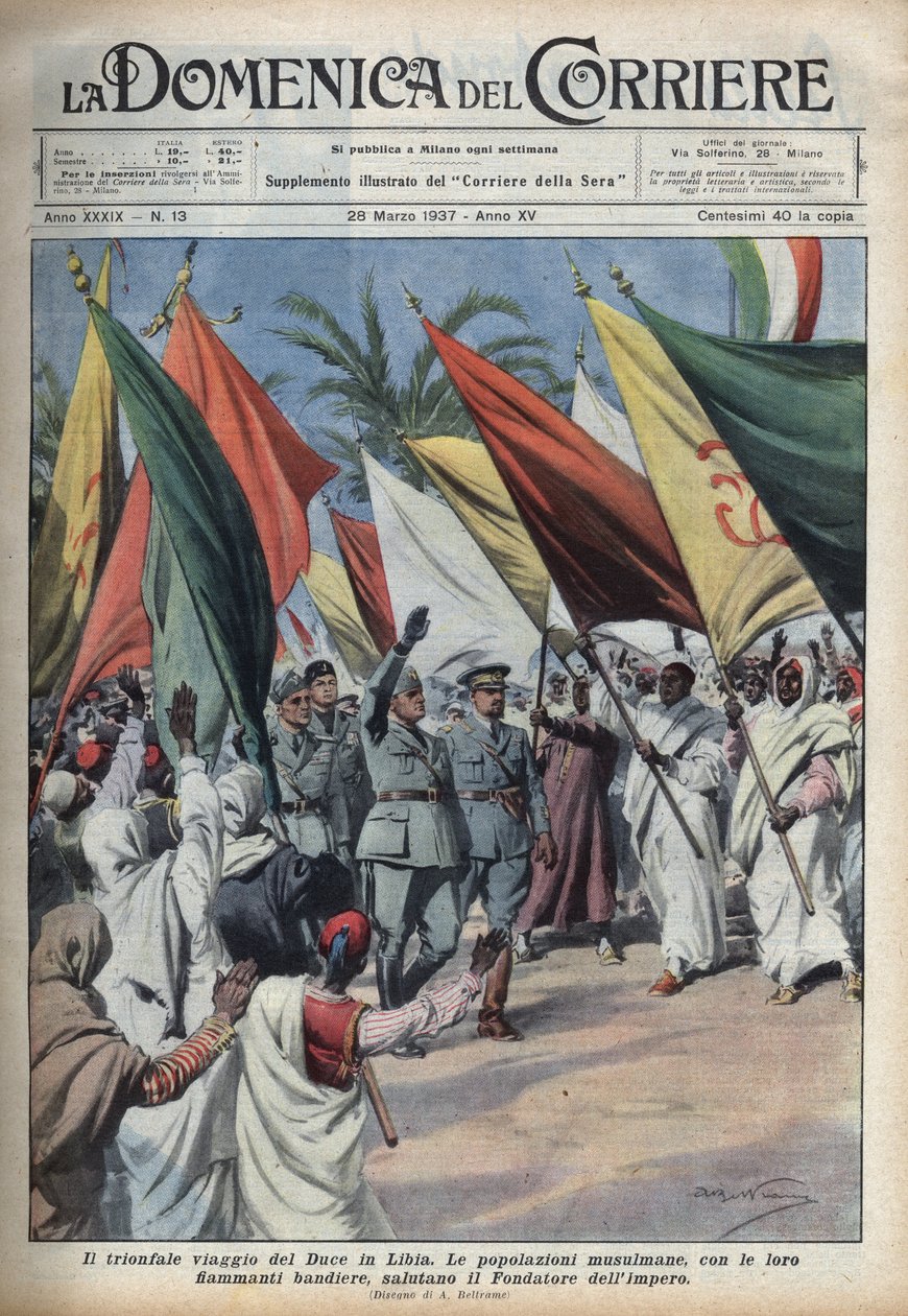 Benito Mussolini Libya gezisinde kalabalık tarafından karşılanır. 28/03/1937 tarihli “La domenica del Corriere”deki Achille Beltrame çizimi. by Achille Beltrame