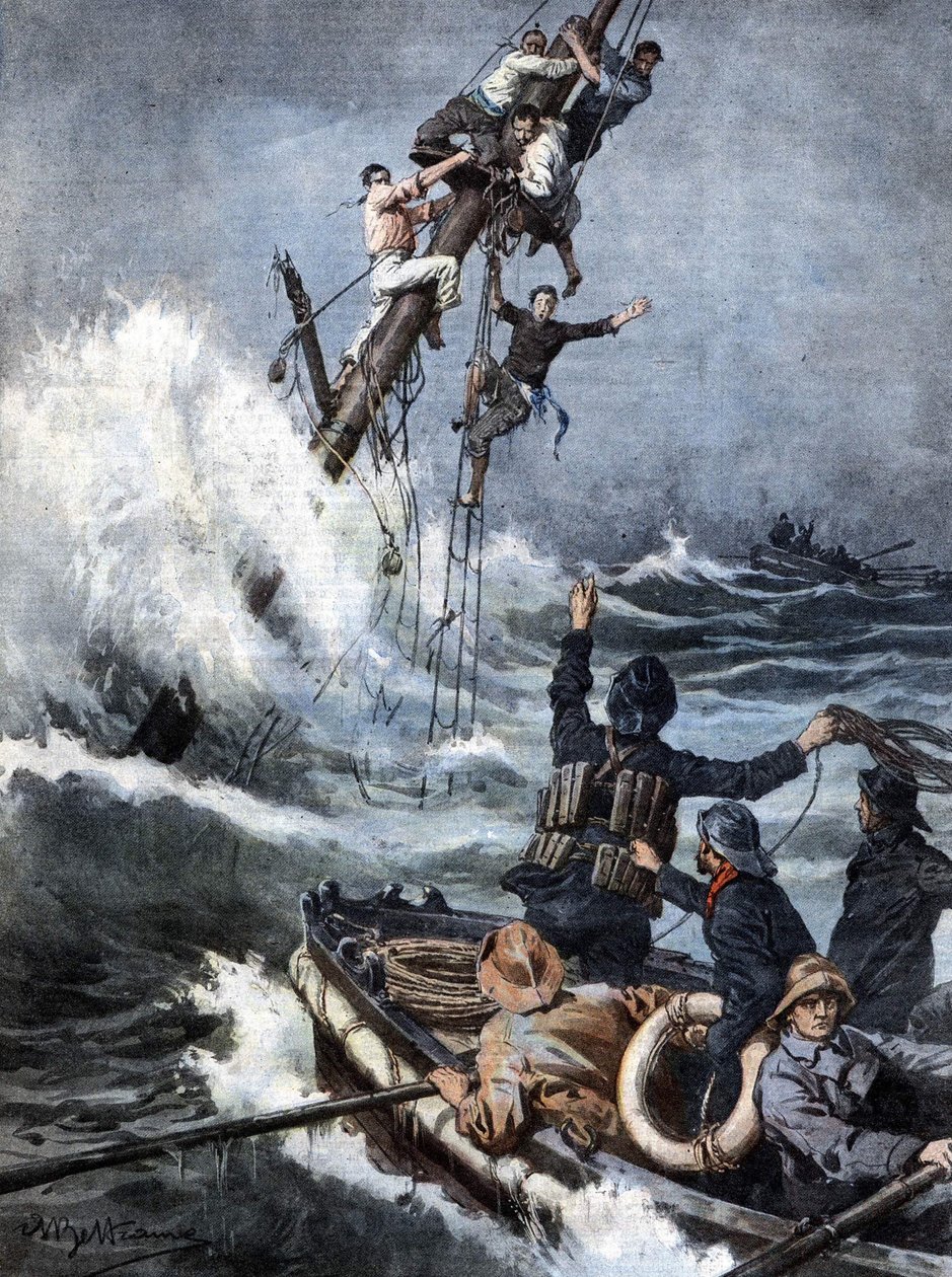 Kurtarma ekibi, batan geminin direklerinde 40 saat kaldıktan sonra batan bir vapurun denizcilerini sağ salim geri getirdi. Hasta de Beltrame. La Domenica del Corriere. 08/1909. by Achille Beltrame