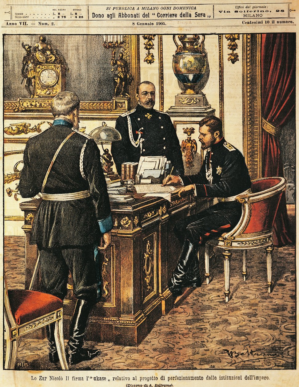 Çar Nicholas II, kurumsal reformlar için projeyi imzalarken, Achille Beltrame (1871-1945), La Domenica del Corriere
