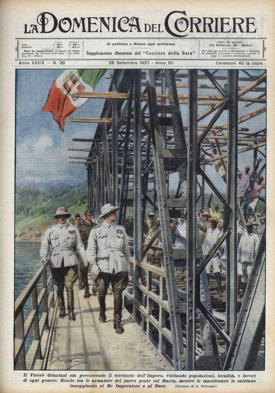 Etiyopya Kral Yardımcısı Rodolfo Graziani, Habeş topraklarını geçiyor. 26.09.1937 tarihli “La Domenica del Corriere”den Achille Beltrame tarafından yapılan çizim. by Achille Beltrame