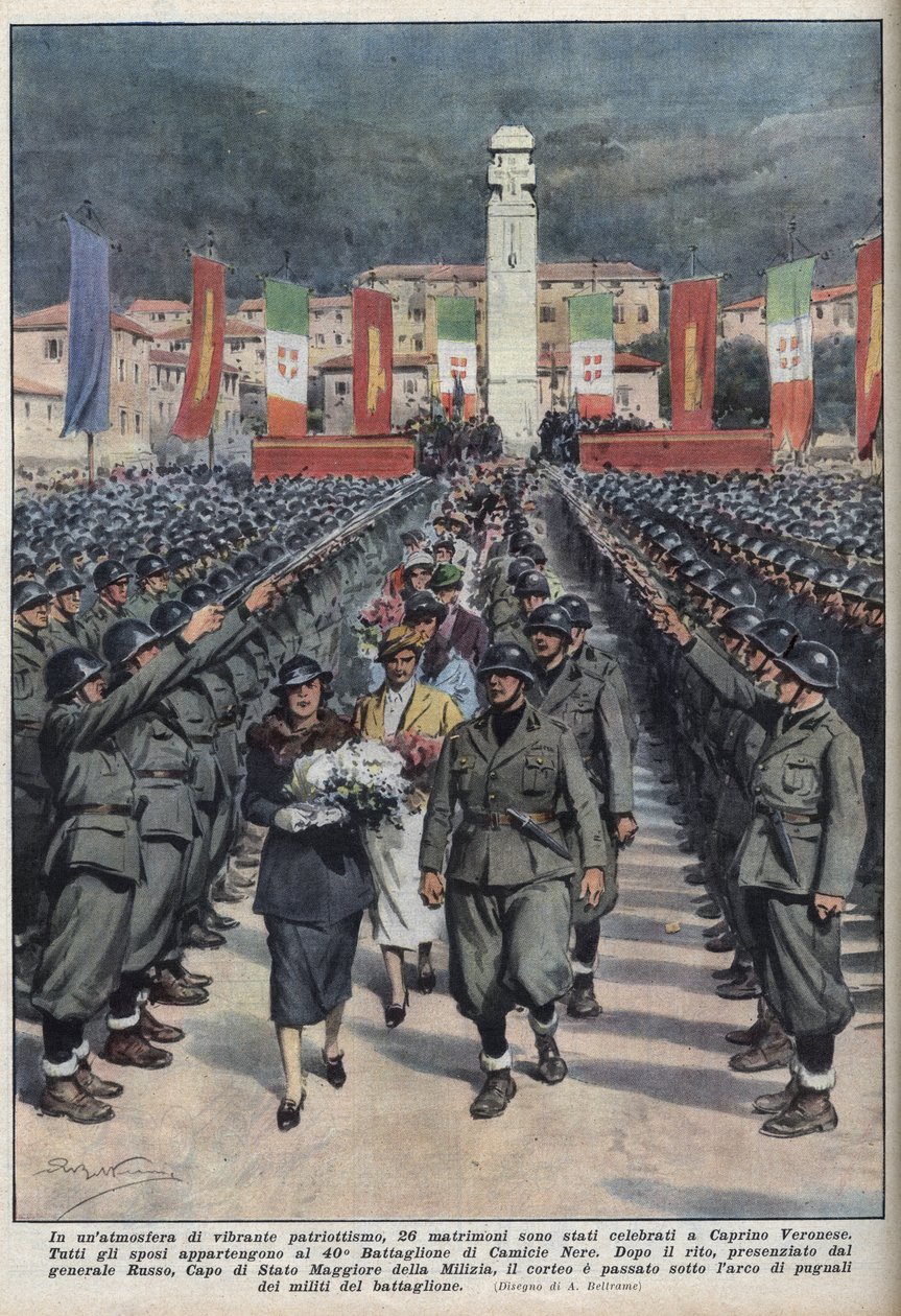 10/10/1937 tarihli Achilles Beltrame de “” La Domenica del corriere ”” ” ”deki Veronese Caprino en Venetie İllüstrasyonunda siyah gömlekli üyelerin düğün töreni. by Achille Beltrame