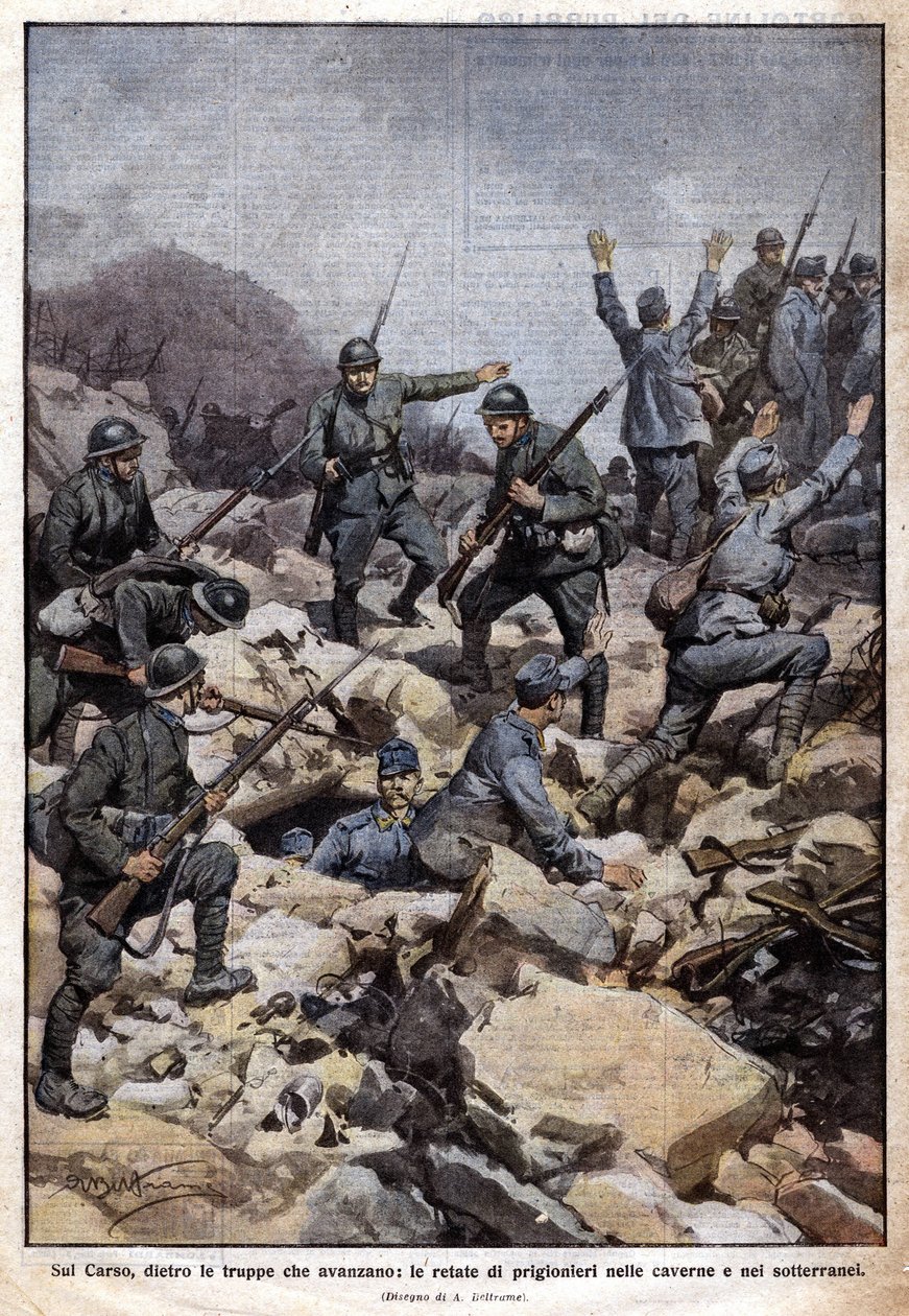 Dünya Savaşı: Carso platosunda (Trentino) İtalyan cephesi ve yeraltındaki mahkumlar. "Domenica del Corriere". 07/1917 (litografi) by Achille Beltrame