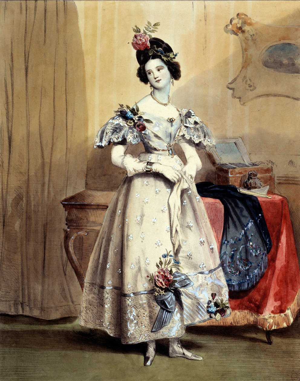 Akşam saat on birde, genç kız akşam tuvaletinde (Suluboya) 19. yüzyıl by Achille Devéria