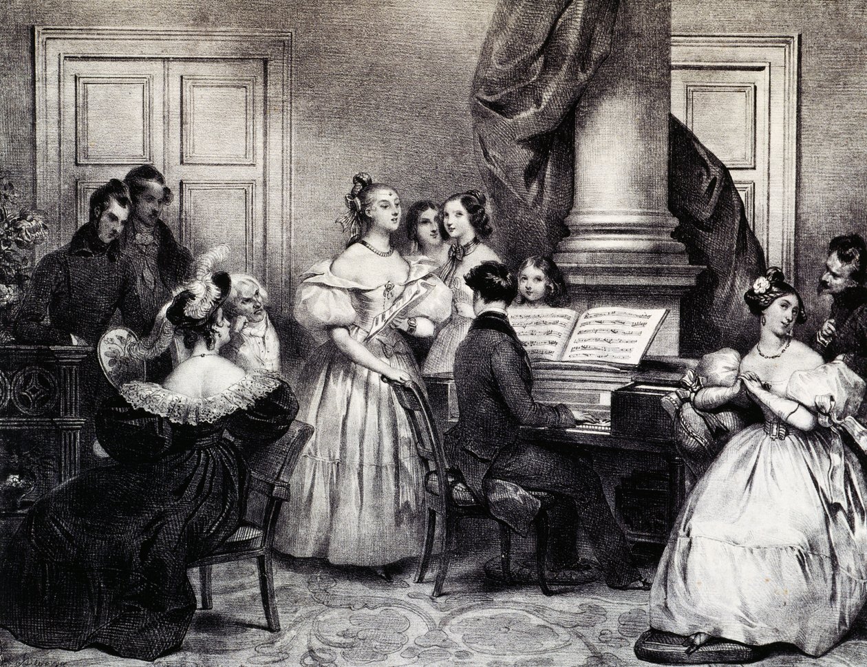 Piyanolu aile konseri, Achille Deveria (1800-1857), gravür, Fransa by Achille Devéria