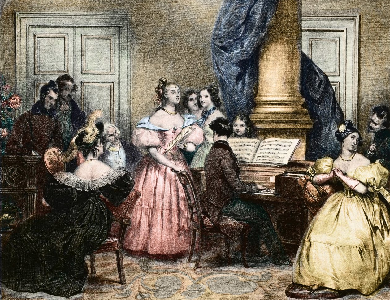 Müzikli Akşam Partisi - Piyanonun çevresinde müzikli akşam - Achille Deveria (1800-1857) ca. 1840 by Achille Devéria