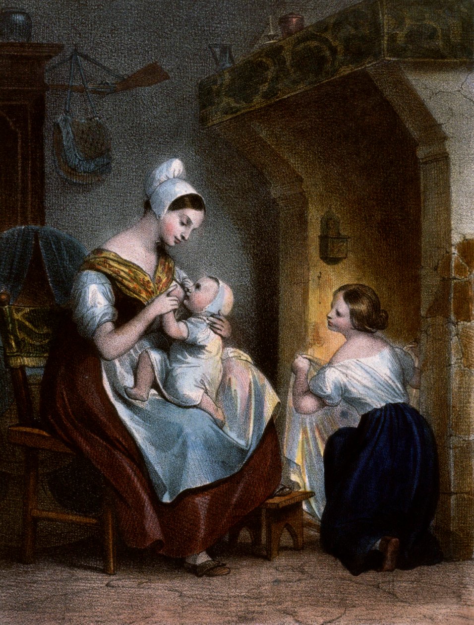 Bir bebeği emziren hemşire. Litografi, 1850 dolayları by Achille Devéria