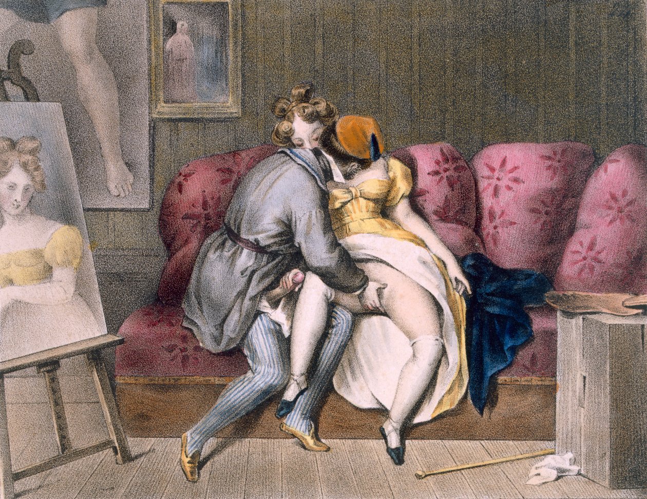Sanatçı ve Bakıcı: manuel ön sevişme, c.1830-40 (renkli taş) by Achille Devéria