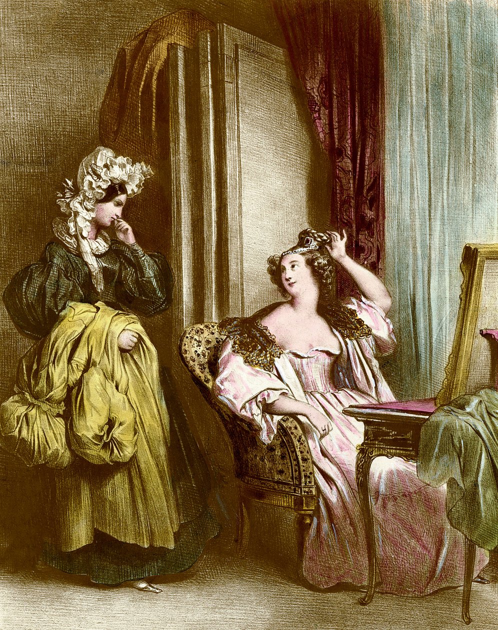 Tuvalet: cariyesi ile zarif bir genç kadın Litografi Aşil Deveria (1800-1857) 19. yüzyıl Koleksiyon Particuliere by Achille Devéria