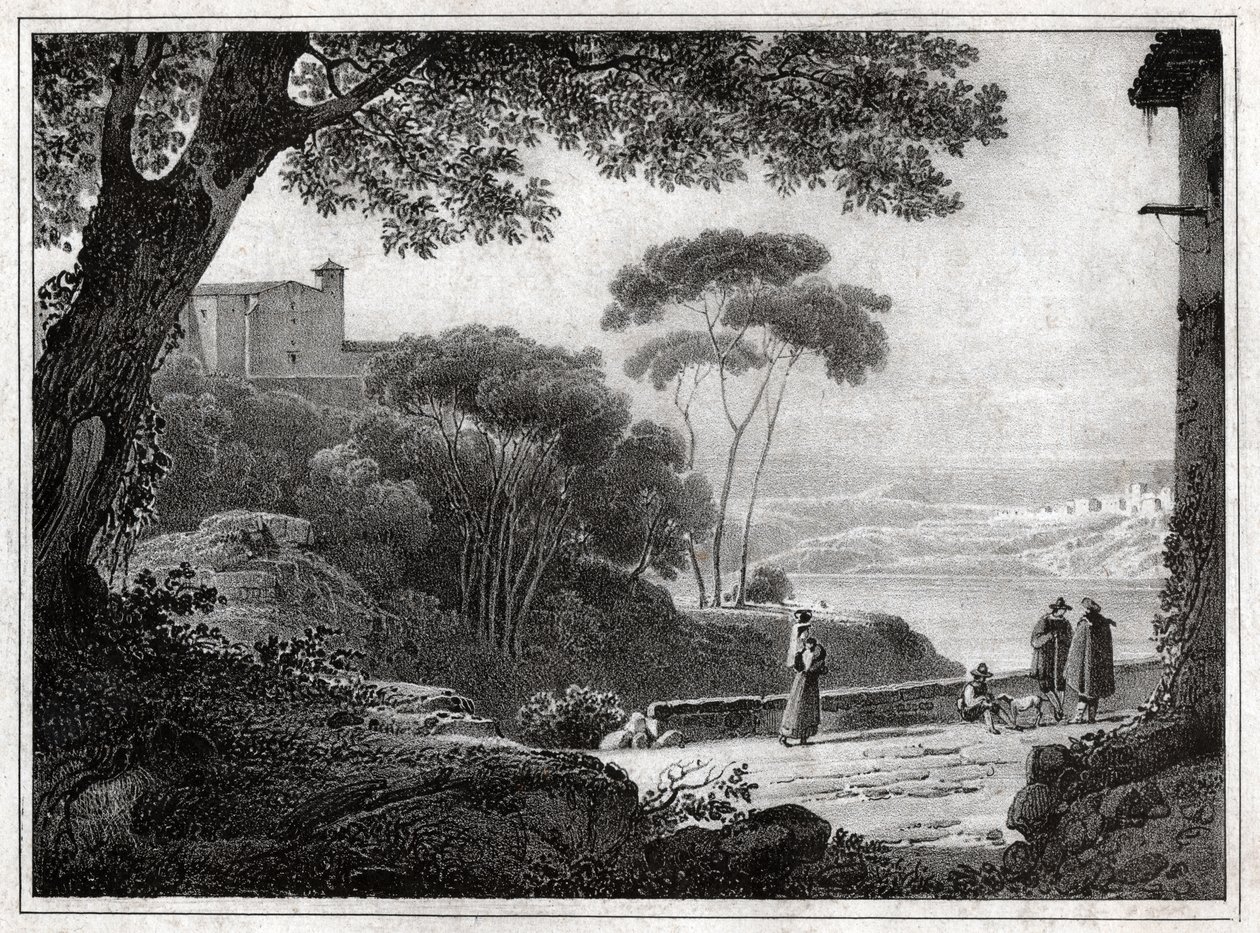 Albano Gölü. (1820 civarında gravür) by Achille Etna Michallon