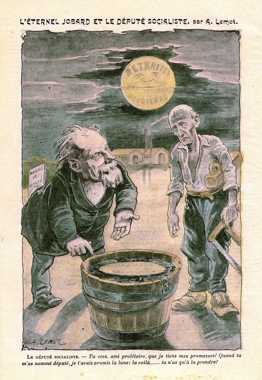 Fakir bir proleter (marangoz) için ay (emeklilik) vaat eden sosyalist vekil, Le Pelerin
