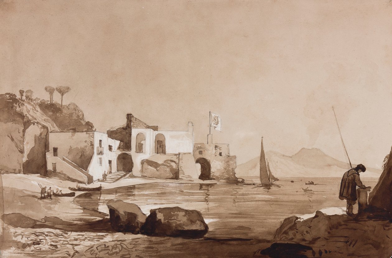 Borbone bayrağını güneye doğru Vezüv ile dalgalandıran liman, bir Borbone öğrencisi tarafından yapılan eklemelerle (kalem, sepya yıkamalar ve kağıt üzerinde guaj) by Achille Vianelli